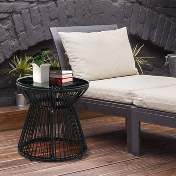 Round End Table, Rattan Side Table, Hollow Drum Design Coffee Table w/ Glass Tabletop for Patio, Garden, Balcony, Black