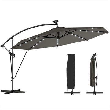 11.3 ft Cantilever Patio Umbrella with Light, Cover, Aluminium UPF50+ Offset Outdoor Umbrella Parasol, Dark Grey