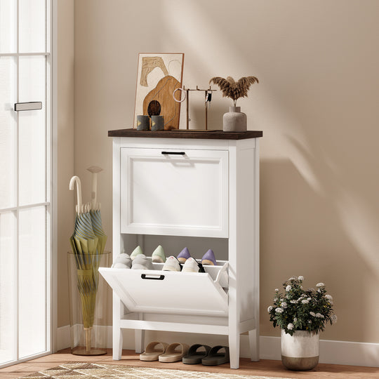 Meuble à chaussures avec 2 tiroirs basculants, rangement à chaussures de style champêtre étroit avec tablettes ajustables, blanc