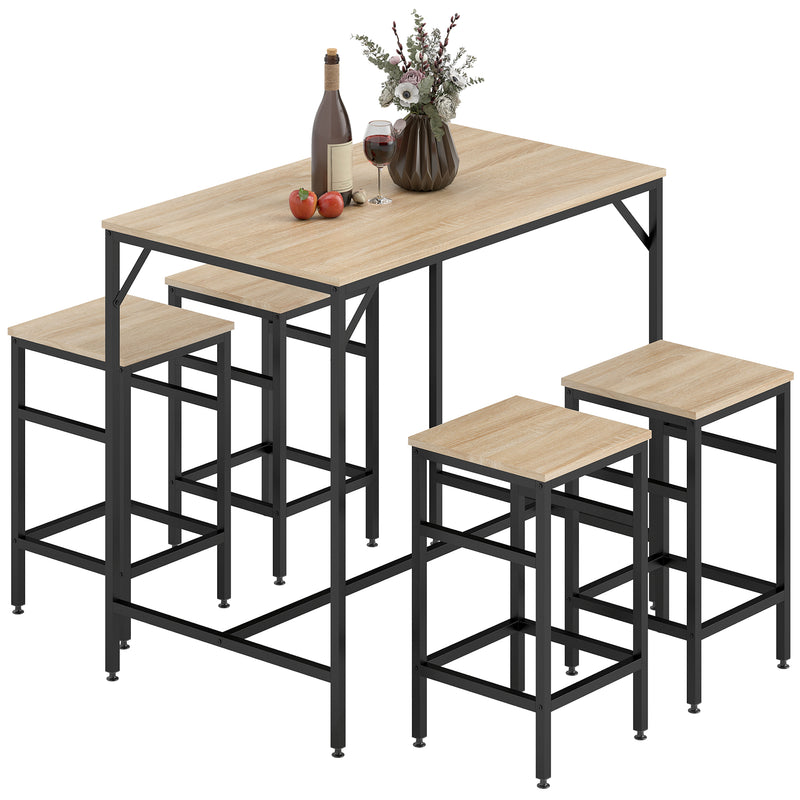 5 Pieces Industrial Rectangular Bar Table Set, Dining Table Set Breakfast Table with 4 Stools for Dining Room, Kitchen, Dinette, Oak