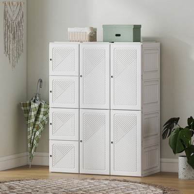 Portable Wardrobe, Foldable Plastic Closet with 8 Compartments, 2 Hanging Rods and Magnetic Clear Doors, White