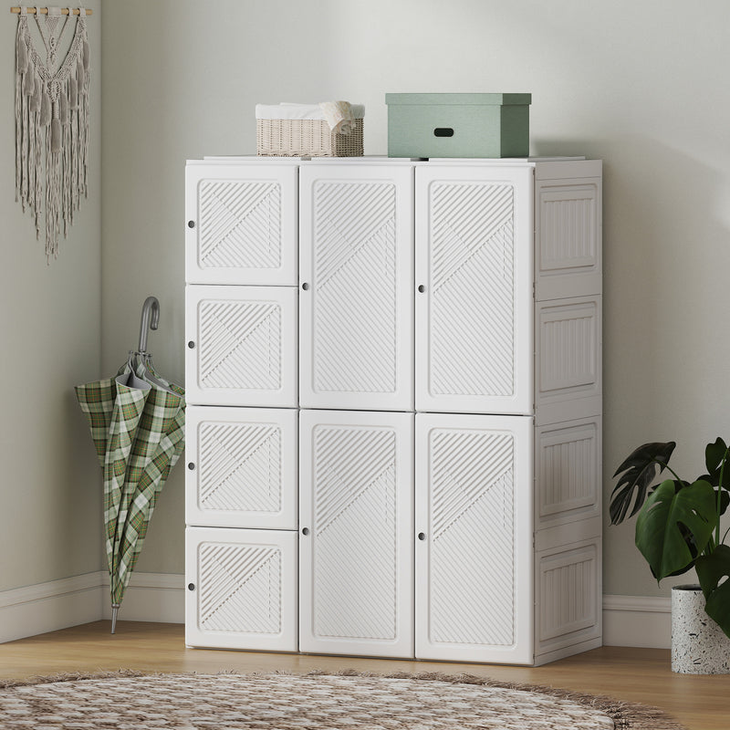 Portable Wardrobe, Foldable Plastic Closet with 8 Compartments, 2 Hanging Rods and Magnetic Clear Doors, White
