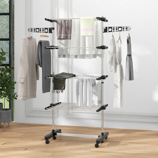 Garment Drying Rack Stainless Steel Folding Clothes Hanging Rack with Side Wings Castors for Indoor Outdoor Black