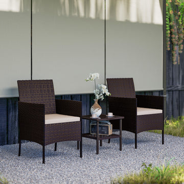 Wicker Bistro Set, 3 Piece Patio Furniture Set with 2-Tier Glass Top Table, Cushions for Balcony, Porch, Beige