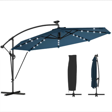11.3 ft Cantilever Patio Umbrella with Light, Cover, Aluminium UPF50+ Offset Outdoor Umbrella Parasol, Navy Blue