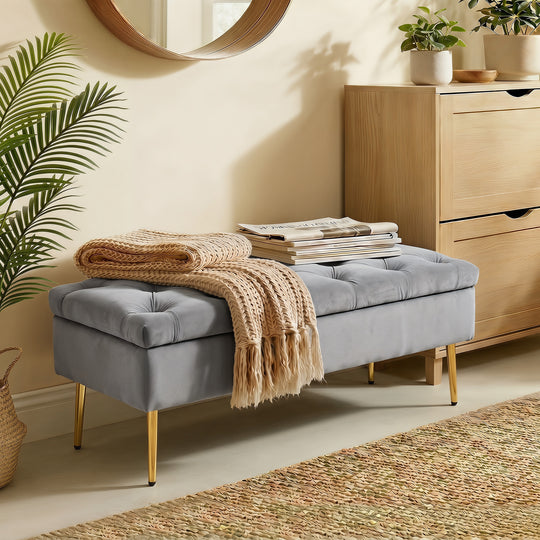 Upholstered Bedroom Bench with Gold Tone Metal Legs, Velvet Tufted and Thick Padding, Grey