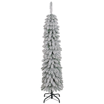 5ft Snow-Flocked Artificial Christmas Tree, Slim Pencil Xmas Tree with 301 Realistic Branches, Metal Base, Pink