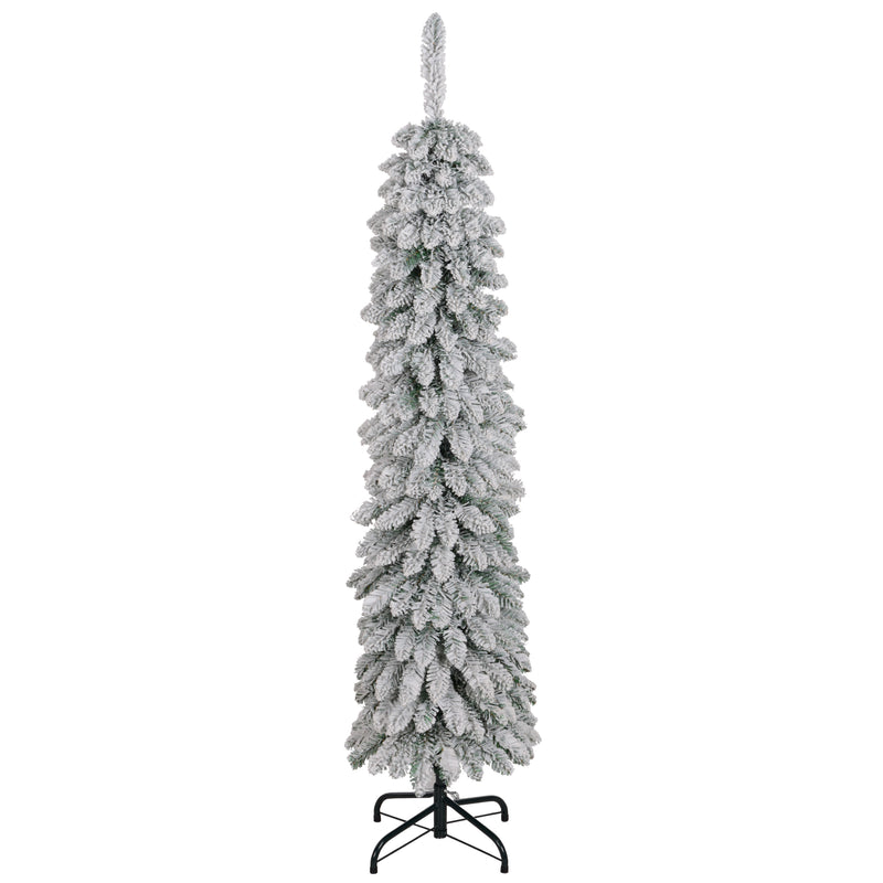 5ft Snow-Flocked Artificial Christmas Tree, Slim Pencil Xmas Tree with 301 Realistic Branches, Metal Base, Pink