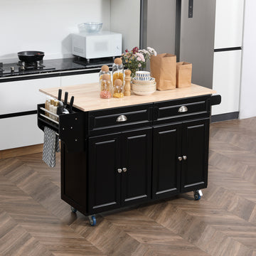 Îlot de cuisine roulant avec rangement, dessus en bois d'hévéa et tablettes ajustables, noir