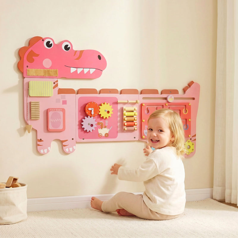 Qaba Busy Board Panels wall mounted Montessori Sensory Toys dinosaur center 87 x 52 x 5.5 cm Pink