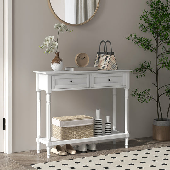 Hallway Console Table, Modern Entryway Table with 2 Drawers, Storage Shelf, Turned Legs for Living Room, Bedroom, White