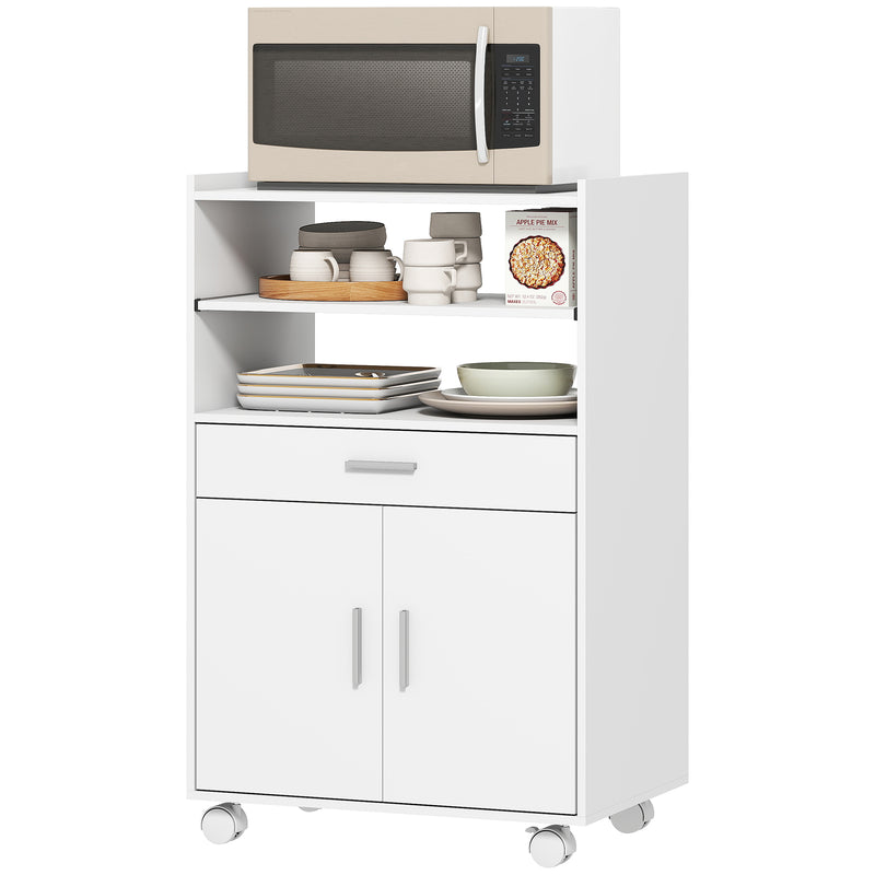 Microwave Cart with Wheels, Microwave Stand with Worktop, Open Shelves and Drawer, Storage Cabinet, White