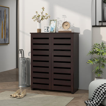 Narrow Shoe Cabinet with 2 Slatted Doors, Modern Shoe Storage Cabinet with Adjustable Shelves for Entryway, Hallway, Living Room, Holds 15 Pairs, Dark Brown