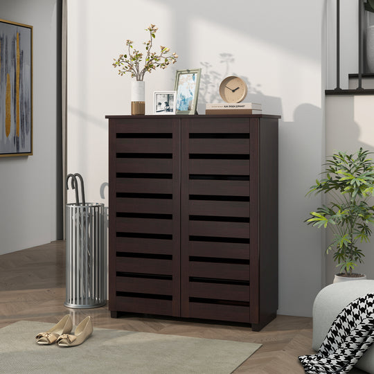 Narrow Shoe Cabinet with 2 Slatted Doors, Modern Shoe Storage Cabinet with Adjustable Shelves for Entryway, Hallway, Living Room, Holds 15 Pairs, Dark Brown
