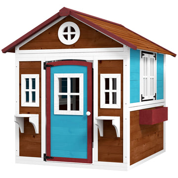 Wooden Playhouse for Kids Outdoor with Door, Windows, Planter Pots and Boxes for Toddlers 3-8 Years, Beige