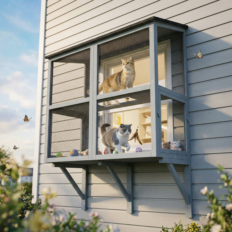 Catio Outdoor Cat Enclosure Wall-Mounted 2-Level Outdoor Cat House with Waterproof Roof 39.4