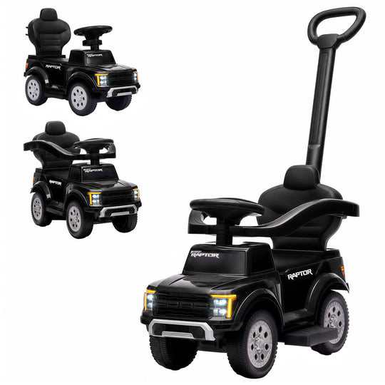 3 In 1 Licensed Ford Kids Push Car with Push Handle, Horn, Sound, Secure Bar, Storage, for Toddlers 18-36 Months, Black