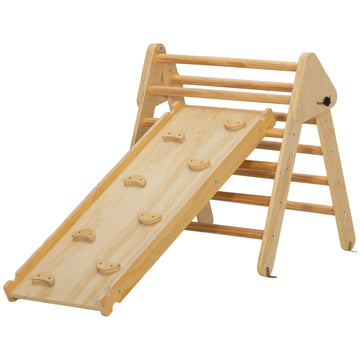 Qaba Pikler Triangle Set, 3 in 1 Climbing Toys with Ramp for Toddlers, Nature Wood