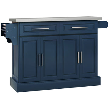 Stainless Steel Kitchen Island with Storage and Stainless Steel Top, Kitchen Trolley with Drawers, Cabinets, Towel Rack, Blue