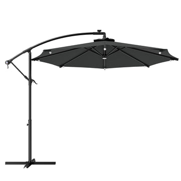 8.8FT Cantilever Patio Umbrella with Solar Powered LED Lights, Crank Handle, Cross Base for Outdoor Sun Shade, Grey