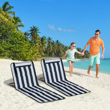 2 Pieces Beach Lounge Chair, Outdoor Folding Chaise Lounge Set w/ Pillow for Sunbath, Snap, Blue and White