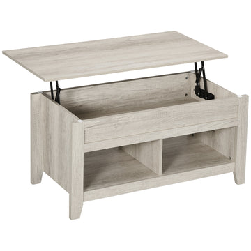 Lift Top Coffee Table with Hidden Storage Compartment and Open Shelves, Lift Tabletop Pop-Up Center Table for Living Room, Oak