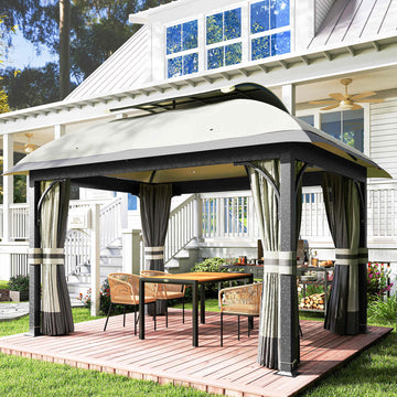 11' x 13' Patio Gazebo, Double Roof Outdoor Gazebo Canopy with Netting & Curtains, Galvanized Metal Frame