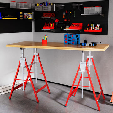 Set of 2 Adjustable Telescopic Builders Trestle, DIY Steel Work Bench Carpenter, Folding Saw Horse Tools Red