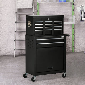 6-Drawer Tool Chest Set with 4 Wheels, Lockable Rolling Tool Box and Storage Cabinet for Garage Factory Workshop, Black