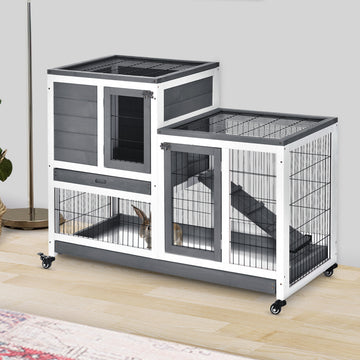Wooden Rabbit Hutch, Indoor Bunny Cage with Wheels, Pull Out Trays, Run, Grey