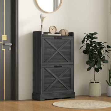 Slim Shoe Storage Cabinet, Farmhouse Shoe Cabinet with 2 Flip Drawers, Adjustable Shelves for 8 Pairs, Distressed Grey