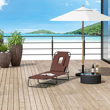Adjustable Outdoor Lounge Chair, Garden Folding Chaise Lounge with Face Hole Reclining Tanning Chair Seat, Folding Camping Beach Lounging Bed w/ Support Pillow, Brown