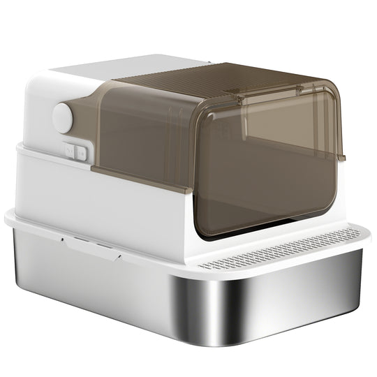 Stainless Steel Cat Litter Box, Easy-Clean Enclosure with Scoop & Flip Lid, 27.6