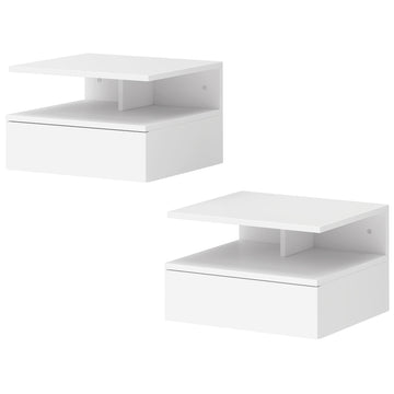 Floating Nightstand Set of 2, Wall Mounted Bedside Table with Drawer and Shelf, Small Night Stand for Bedroom, White