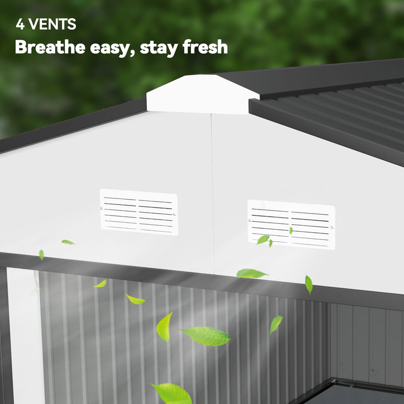 11' x 13'Garden Storage Shed w/ Foundation Kit Metal Tool Storage House w/ Double Doors, White