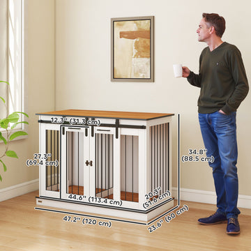 47in Dog Crate Furniture with Divider Panel, Wooden Dog Kennel TV Stand for Large Dogs, Pet House Side Table for 2 Small Dogs with Two Rooms Design, 2 Sliding Doors, Oak