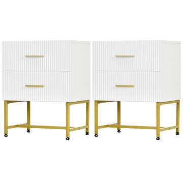 2 Pieces Nightstands with Storage, Modern Bedside Tables with 2 Fluted Drawers and Gold Legs for Bedroom, White