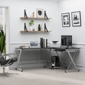 L-Shaped Computer Desk, Corner Table with Keyboard Tray for PC Laptop Desktop, Workstation Stand Home Office Furniture