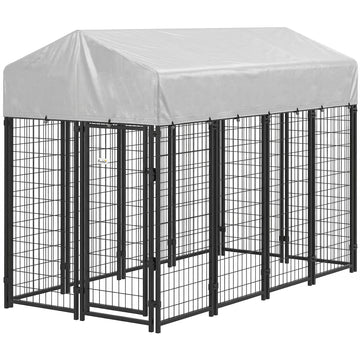 Outdoor Dog Kennel with Waterproof UV-Resistant Cover, 8 x 4 x 6 ft, Silver