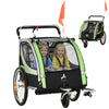 2 Seat Bike Trailer for Kids 2-in-1 Double Baby Stroller with Handbrake, Rubber Wheels, 5 Point Harness, Waterproof Cover, Storage Bag, Reflectors, Green