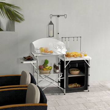 Camping Kitchen Table, Aluminum Folding Camping Table with Storage Organizer, Windshield, Light Stand, Bag, Silver