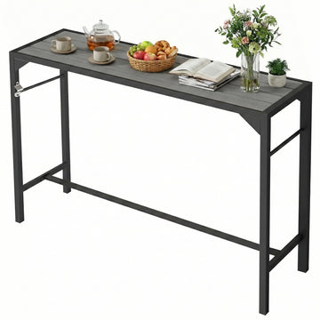 Bar Height Outdoor Table with Built-In Bottle Opener, Patio Bar Table with Wood Grain Plastic Top, 55