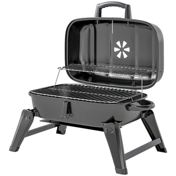 Charcoal BBQ Grill, Foldable Barbecue Grill with Warming Rack, Adjustable Vent, Thermometer, Handles, Black