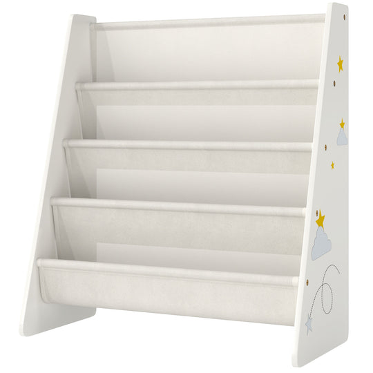 Fabric Kids Bookshelf, 4-Tier Toddler Sling Book Rack for Playroom, Bedroom, Nursery and Kids Room for Ages 3-6, White