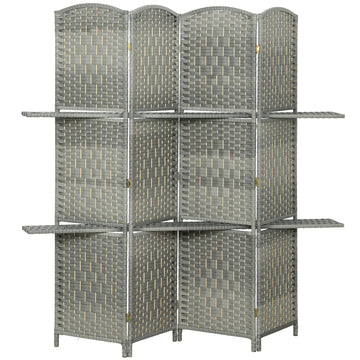 6 FT Privacy Screen, 4 Panel Room Divider with Shelves for Living Room Bedroom Home Office, Grey
