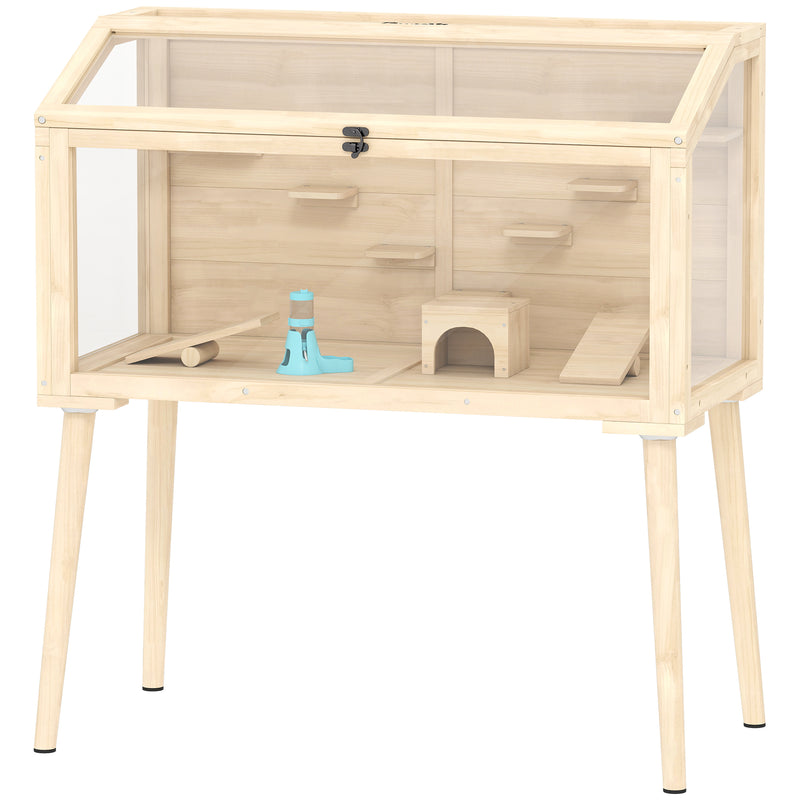 Wooden Hamster Cage, Hamster Habitat with Openable Top, Seesaws, Platforms, Water Bottle for Gerbils, 43.3
