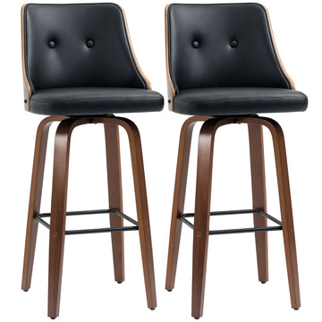 Bar Height Bar Stools Set of 2, PU Leather Upholstered Swivel Barstools with Solid Wood Legs Footrest and Tufted Back, Black