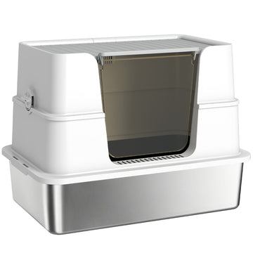 XL Stainless Steel Litter Box with Lid, Extra Large Covered Cat Litter Box for Indoor Kittens with Filp Top, Scoop