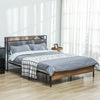 Queen Size Bed Frame with Charging Station, Queen Bed Frame with Upholstered Headboard and Storage Shelf, Walnut