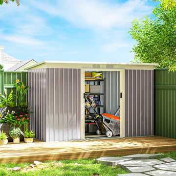 9x4 Outdoor Storage Shed Galvanized Steel Garden Shed with Foundation Kit, Ventilation & Doors, Light Grey